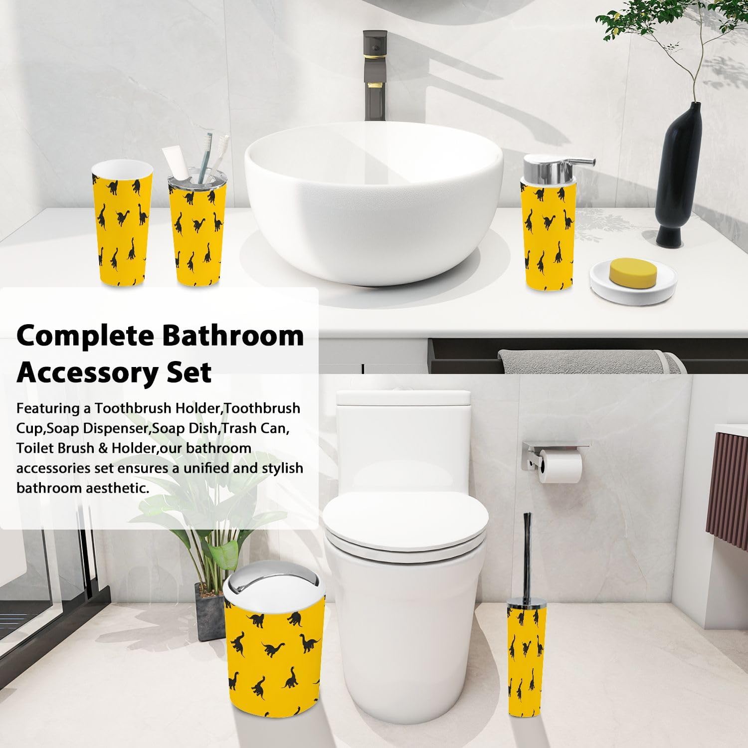 Boho Bathroom Accessory Set 6 Piece Black Dinosaur Yellow
