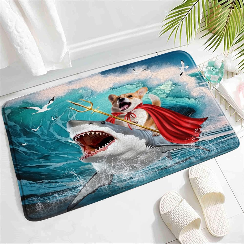 SATRTUD Nautical Animal Bath Mat Funny Dog on Shark with Blue Waves