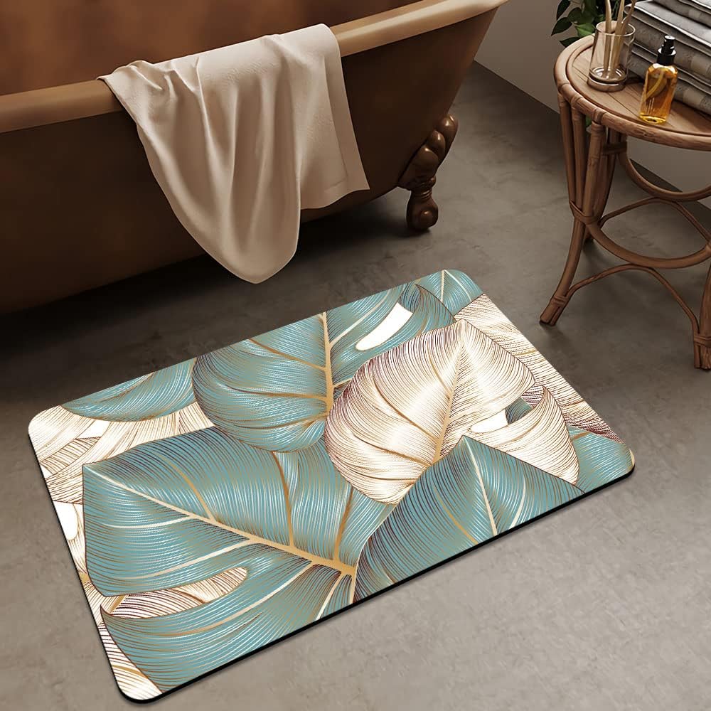 DJSOK Bath Mat Rug Floral with Golden Monstera Leaves