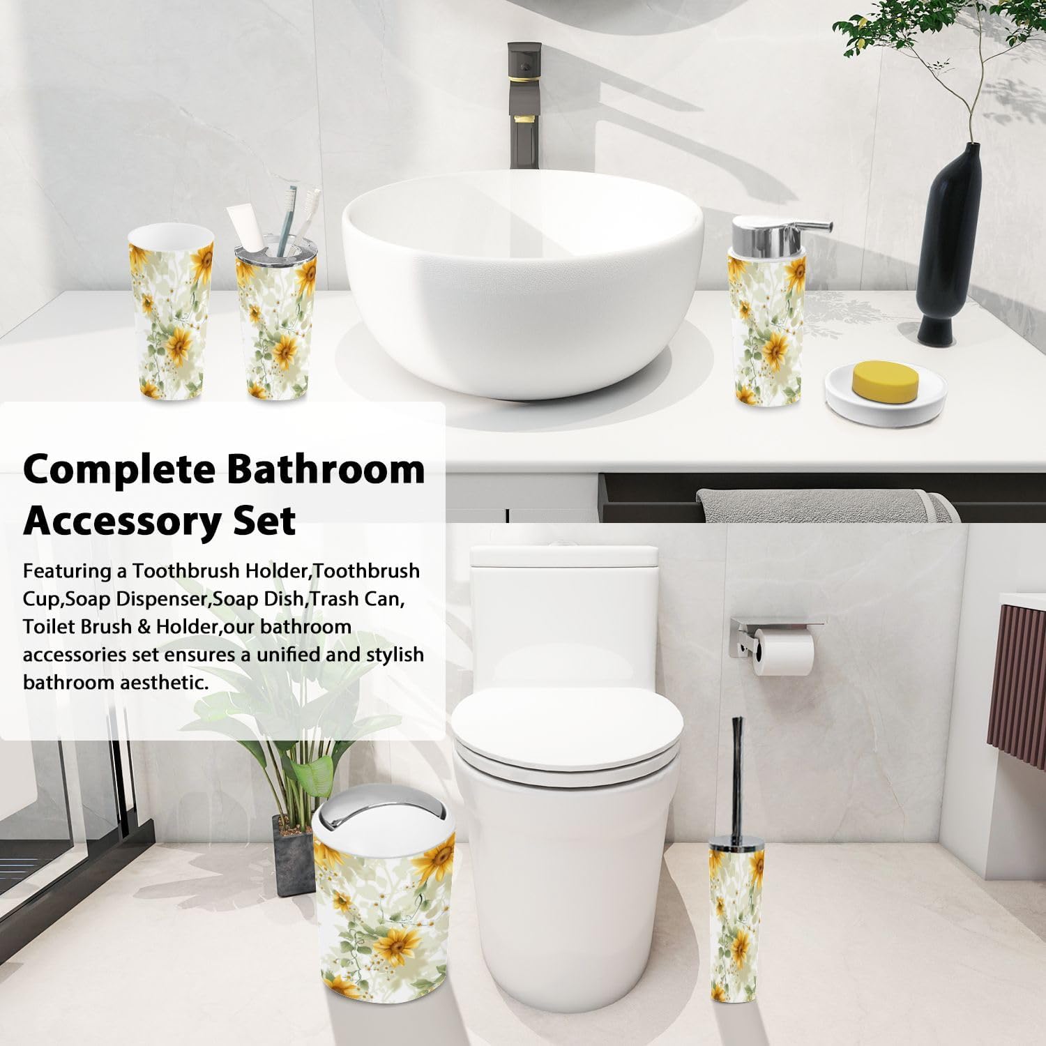 Boho Bathroom Accessory Set 6 Piece with Sunflowers Vines Daisies