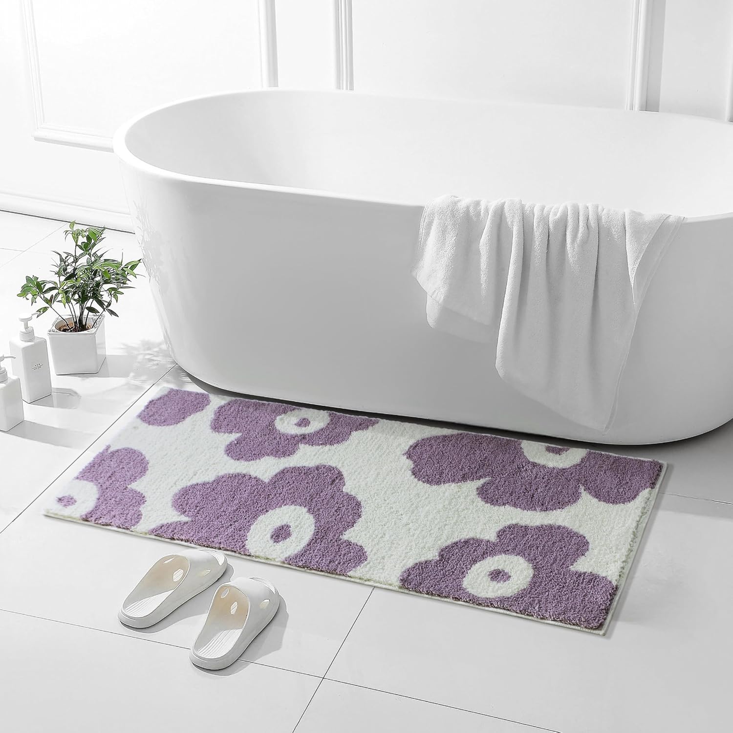 Wishtune Purple Flower Bath Rug 47x20 Non-Slip Microfiber Mat