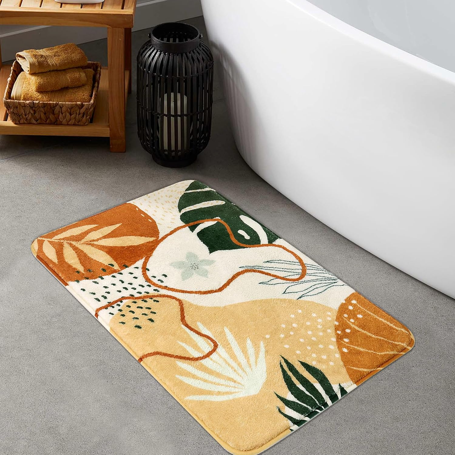 Uphome Boho Bathroom Rug Velvet Leaf Pattern