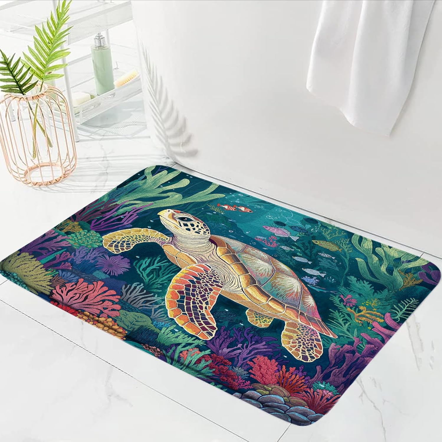 Turtle Bath Mat Blue Ocean Sea Animal Bathroom Rug 18X30Inch