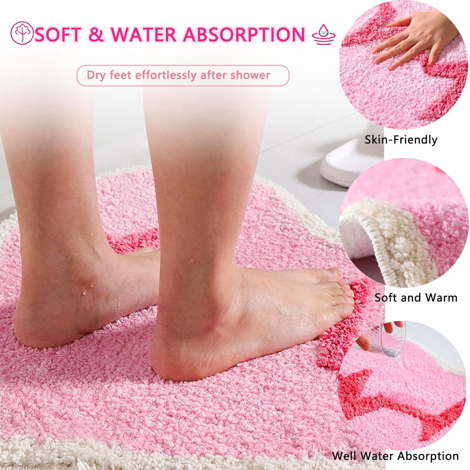 Inshinern Pink Heart Bathroom Rug Non Slip Washable