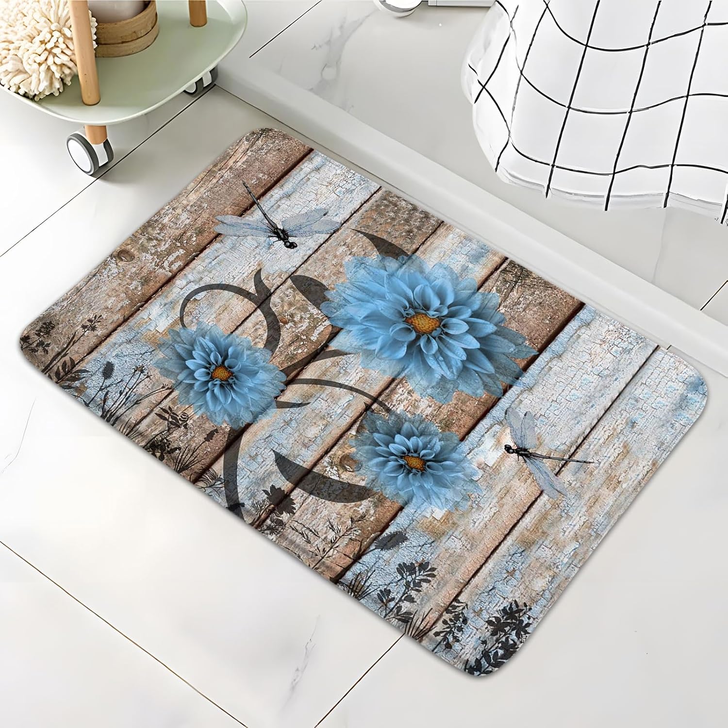 Rustic Blue Dahlia Bath Rug with Dragonfly Design 1