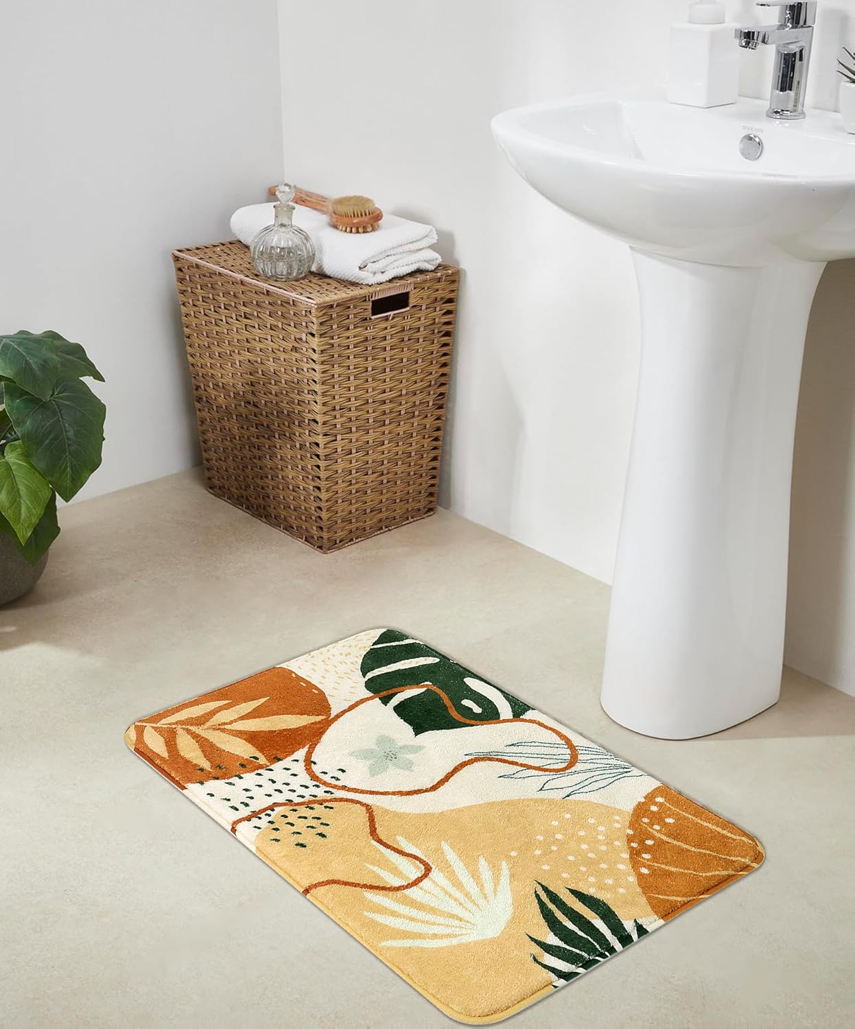 Uphome Boho Bathroom Rug Velvet Leaf Pattern