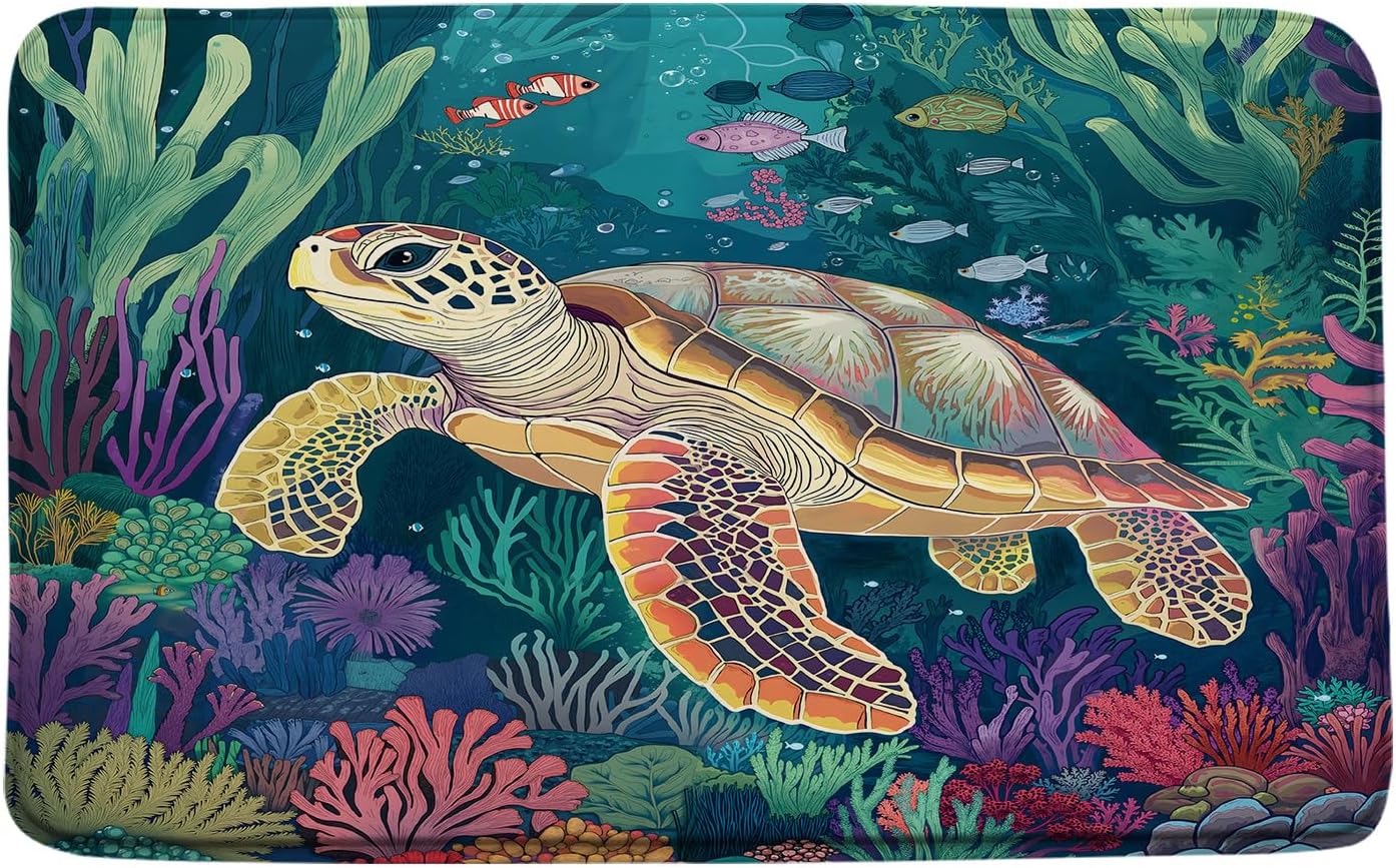 Turtle Bath Mat Blue Ocean Sea Animal Bathroom Rug 18X30Inch