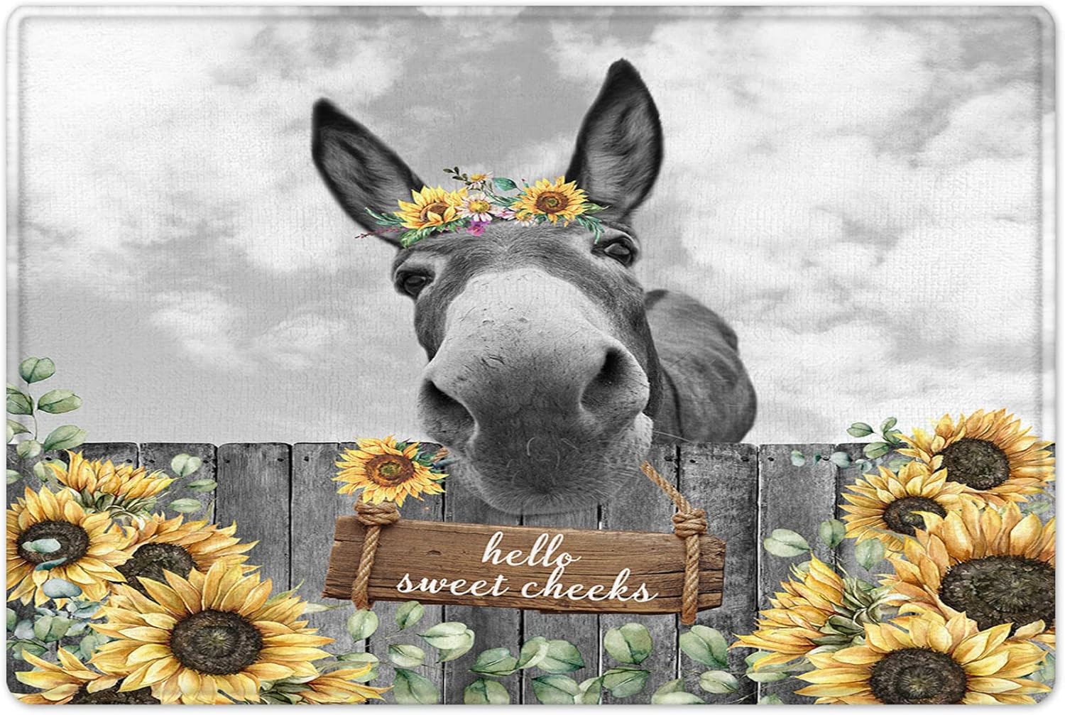 HVEST Farmhouse Donkey Bath Rug Rustic Yellow Floral