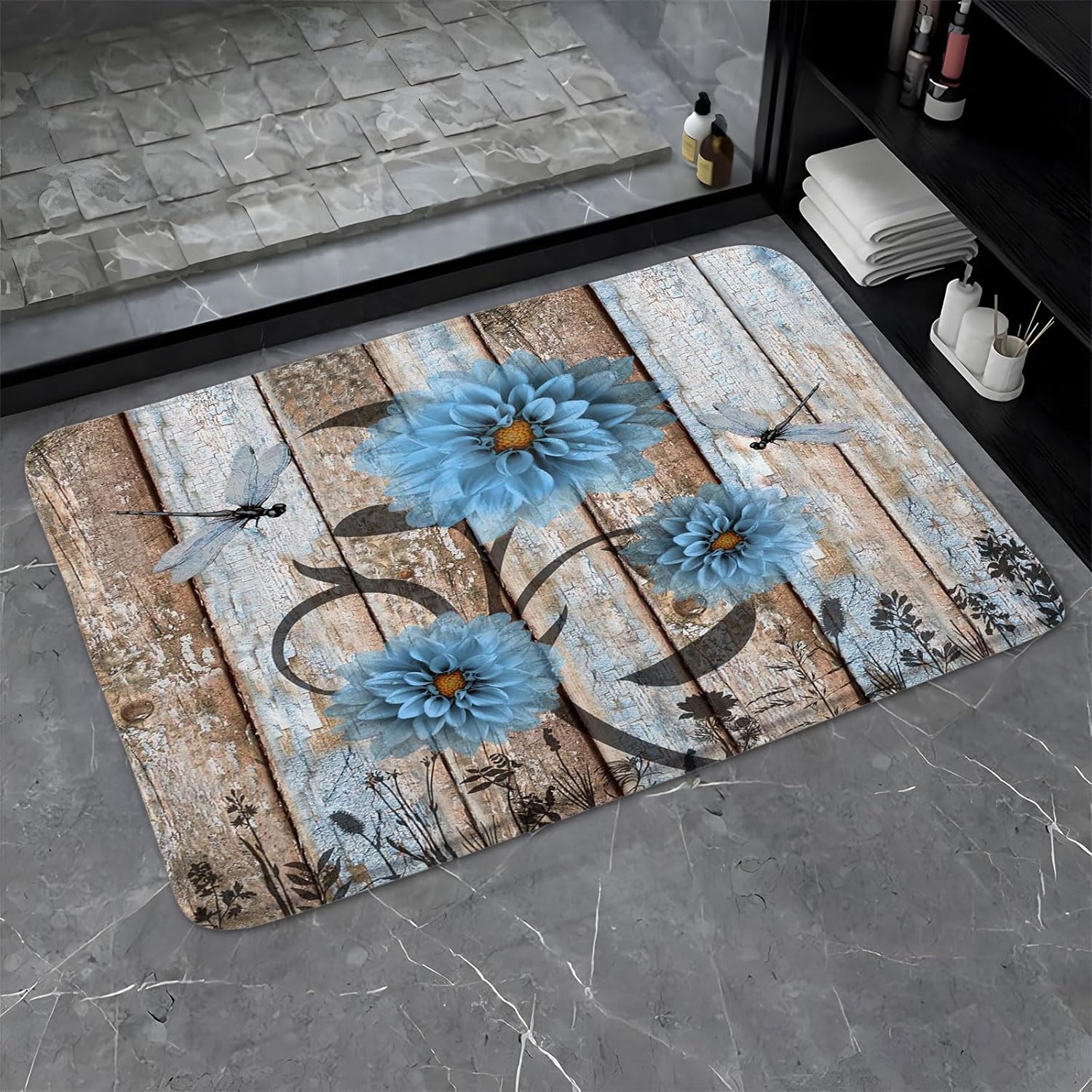 Rustic Blue Dahlia Bath Rug with Dragonfly Design 1