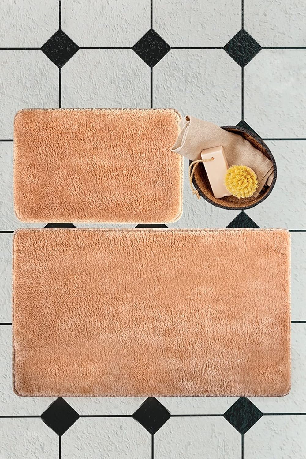 VHD Plush Bath Rug Set 2 Pieces Non-Slip Beige