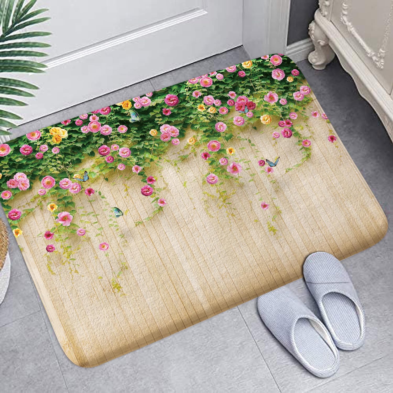 JAWO Floral Bath Rug 17X29 Inches with Butterfly Design