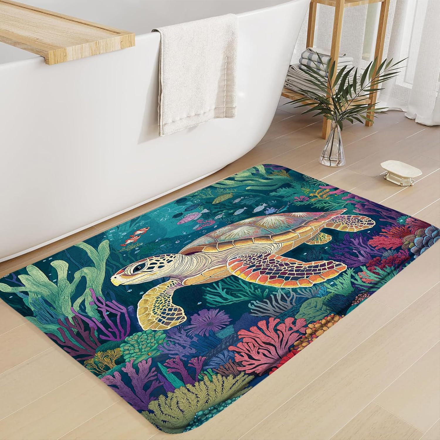 Turtle Bath Mat Blue Ocean Sea Animal Bathroom Rug 18X30Inch
