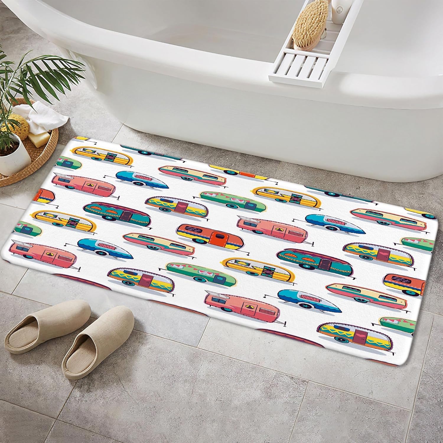 JAWO Happy Camper Bath Mat - Retro Non-Slip Doormat for RV