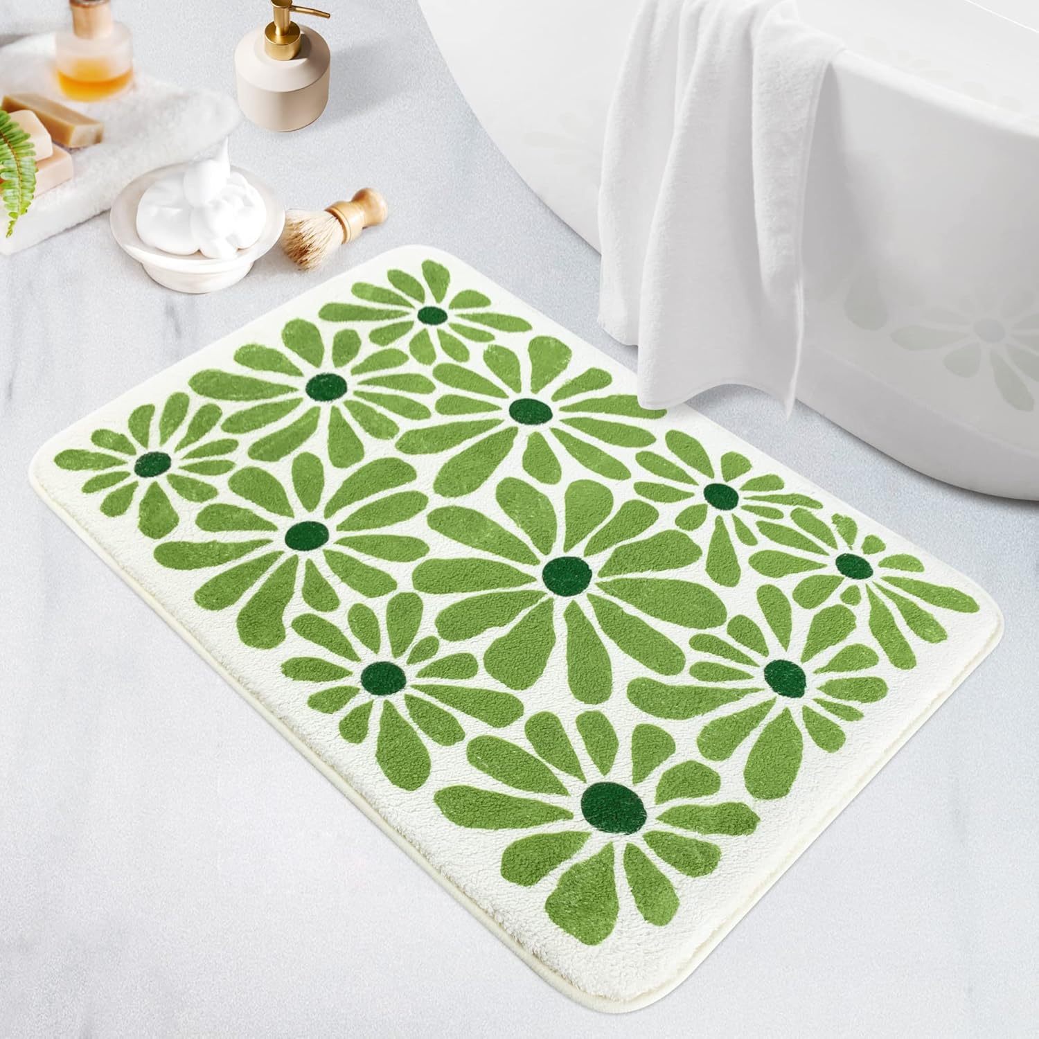 Green Floral Bath Mat 21x30in Non-Slip Microfiber Rug for Bathroom