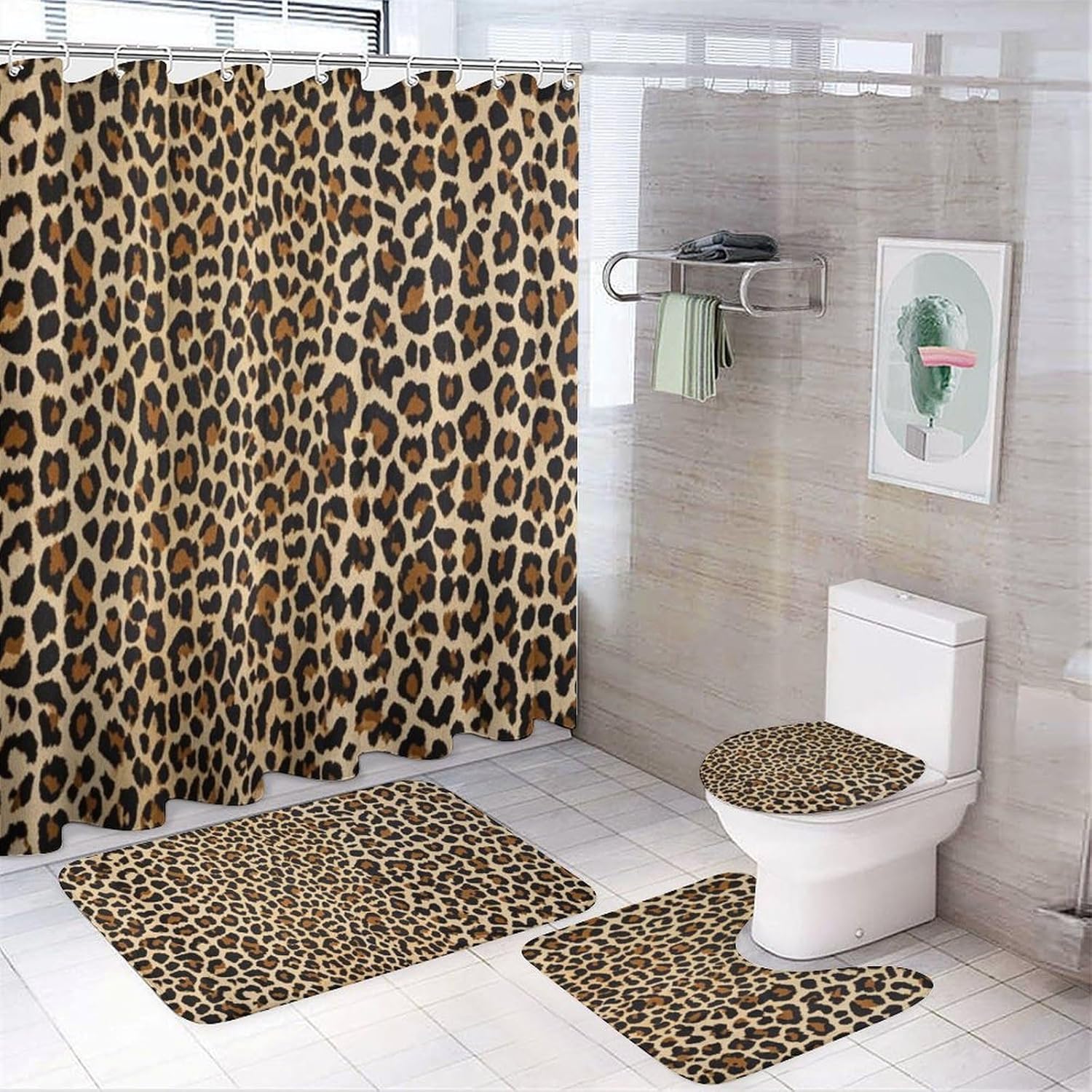 Supdreamc 4 Pack Cool Cheetah Leopard Shower Curtain Set with Bath Rug