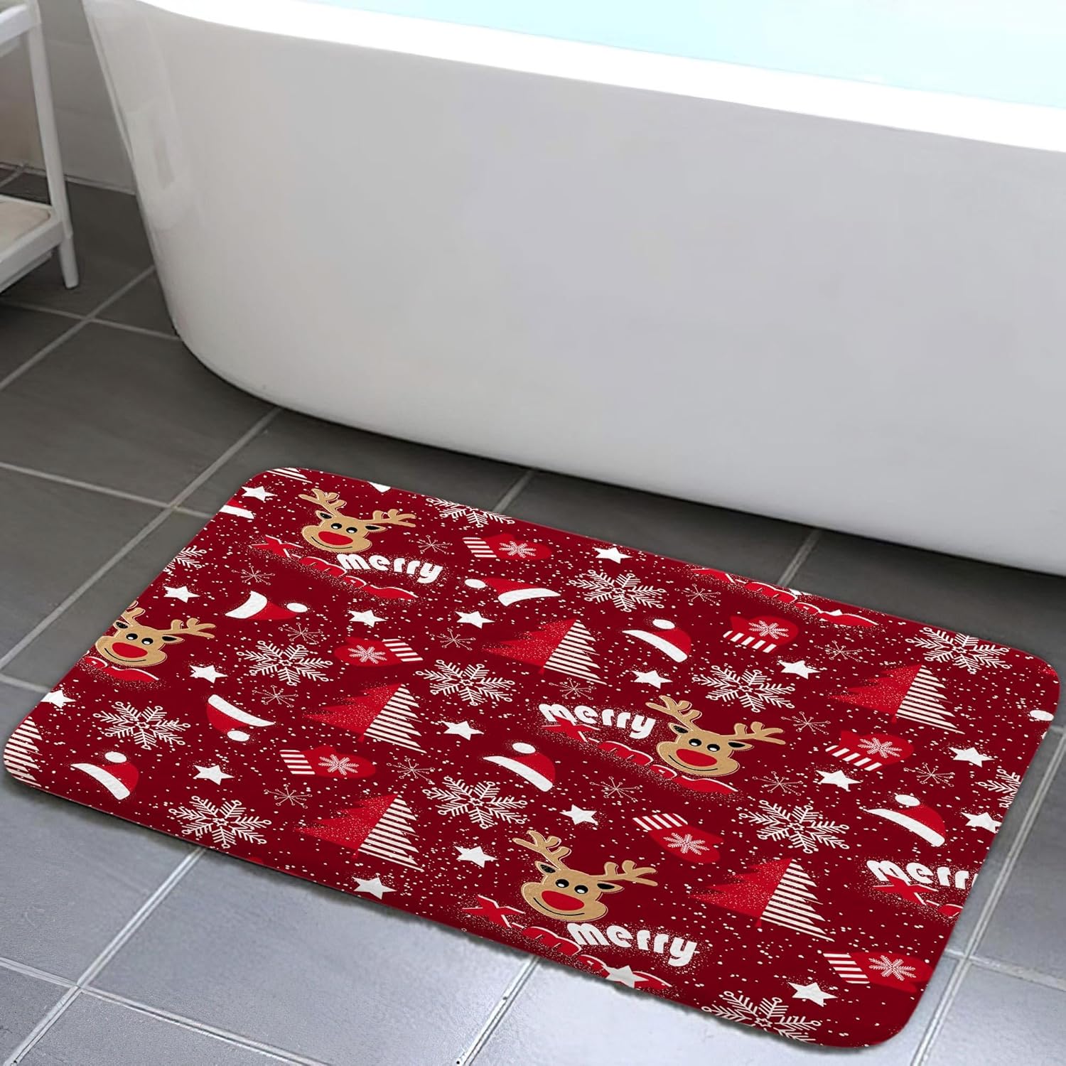 Funny Red Christmas Bath Mat with Snowflakes Reindeer Design