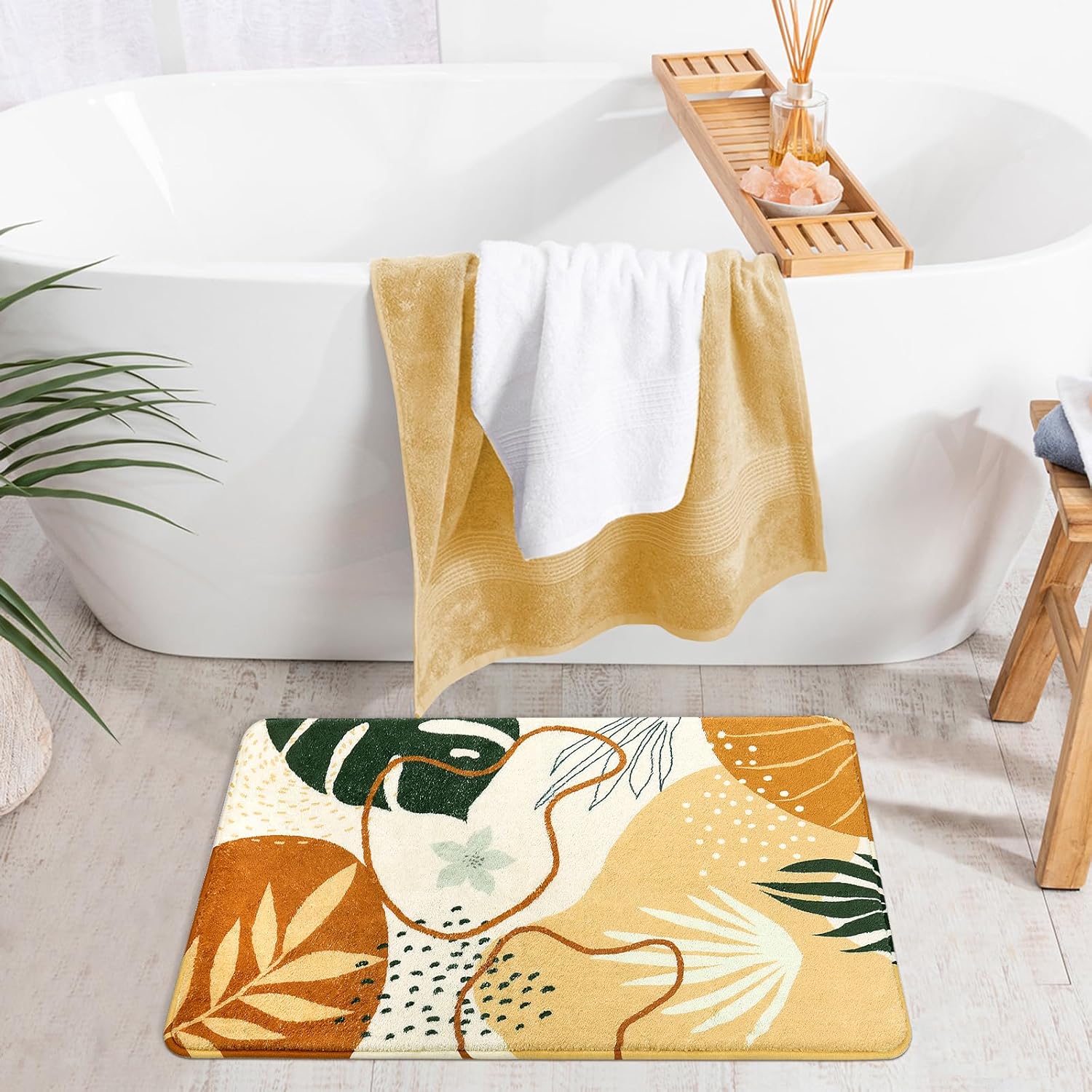 Uphome Boho Bathroom Rug Velvet Leaf Pattern