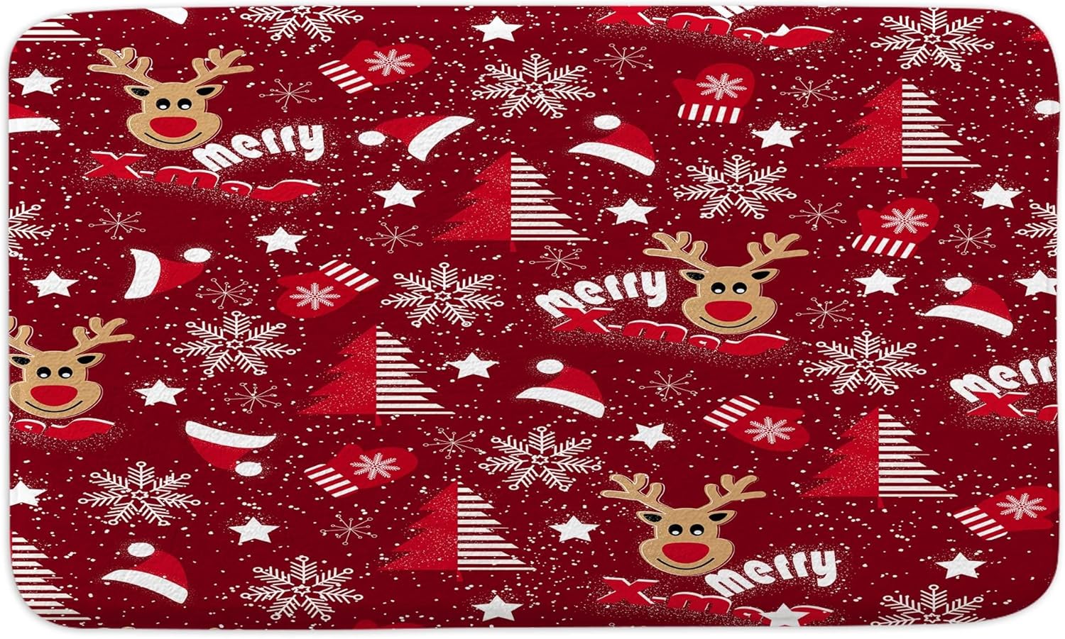 Funny Red Christmas Bath Mat with Snowflakes Reindeer Design