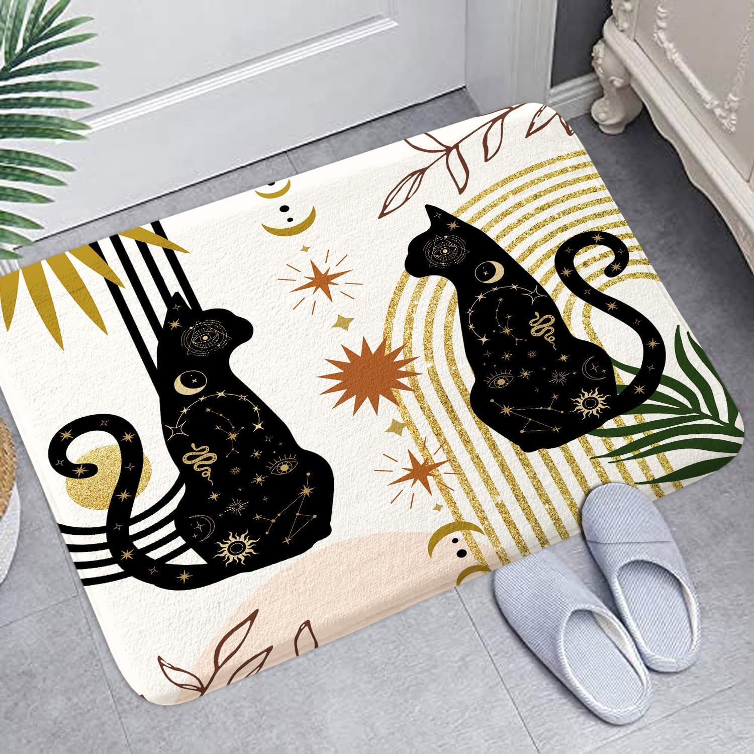 JAWO Boho Black Cat Bath Rug Non Slip 16x24