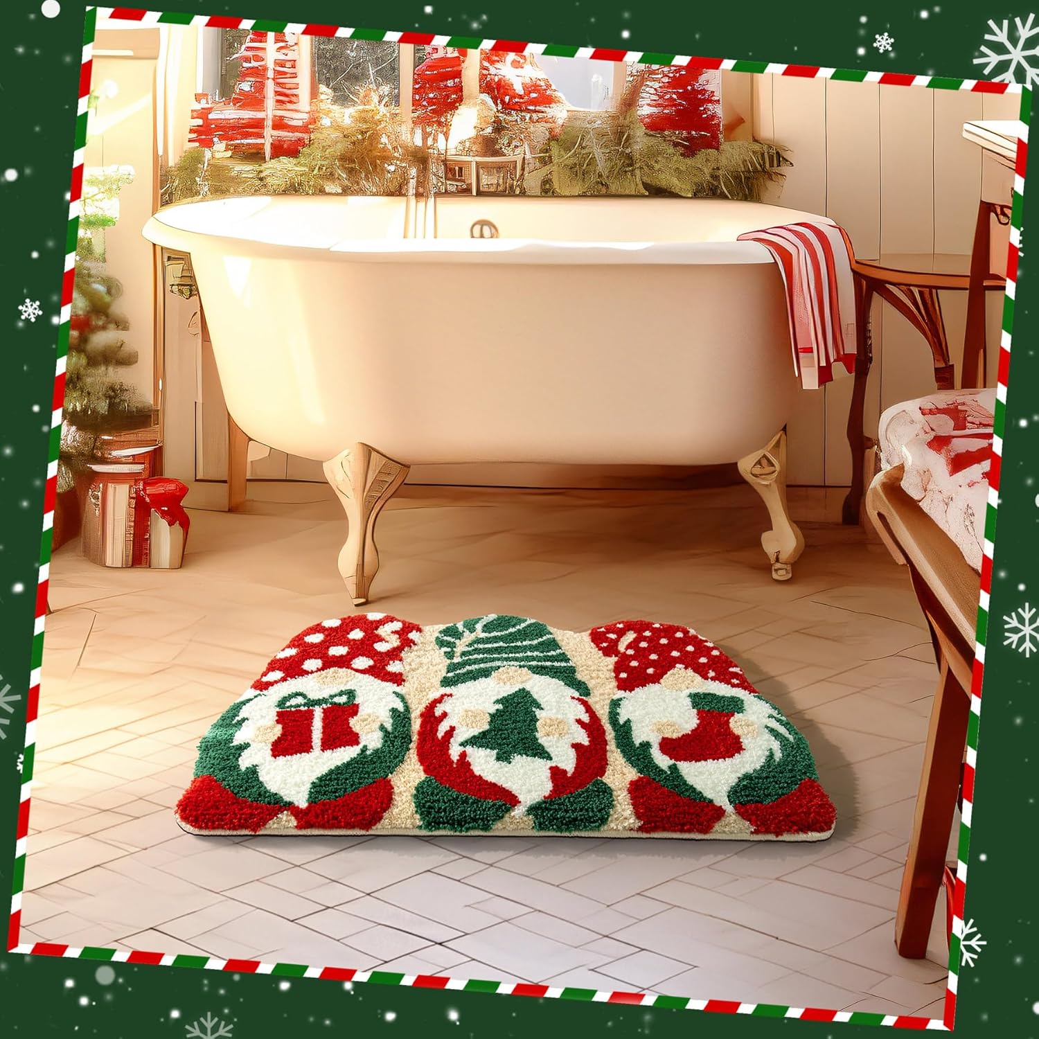 Christmas Bath Mat 20x32 Inches Non-Slip Water Absorbent Gnome Design