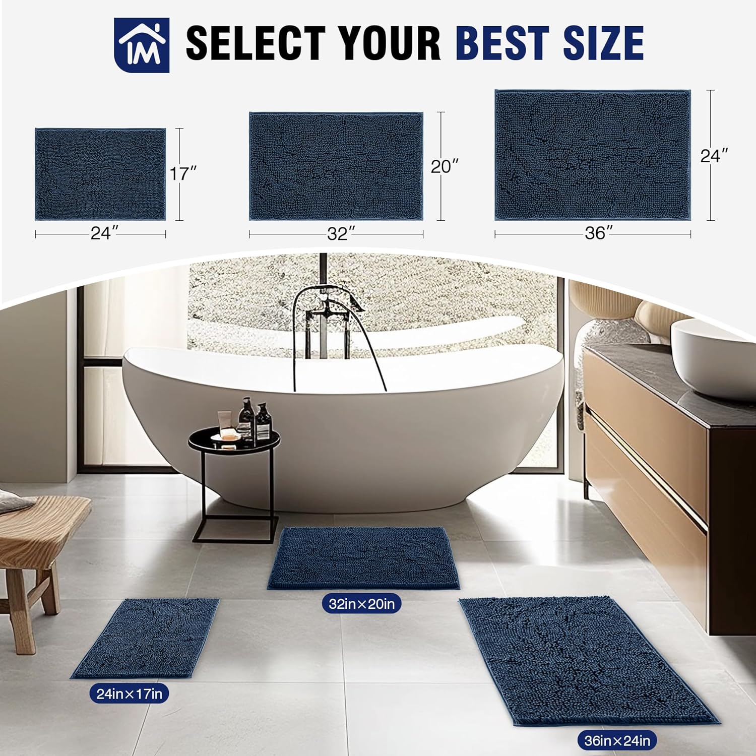 TECHMILLY Non-Slip Bath Rug with Soft Plush Chenille Pad