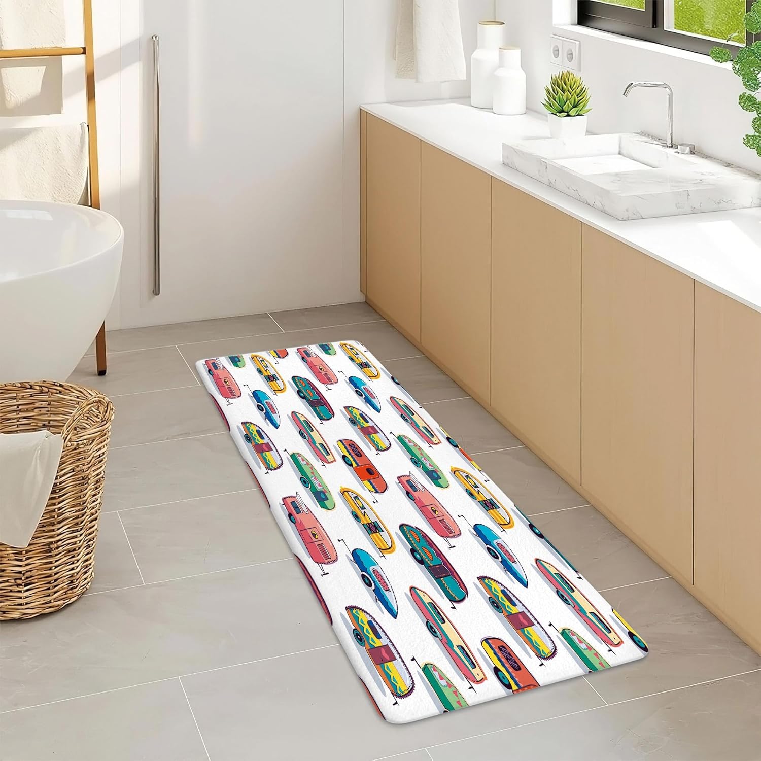 JAWO Happy Camper Bath Mat - Retro Non-Slip Doormat for RV