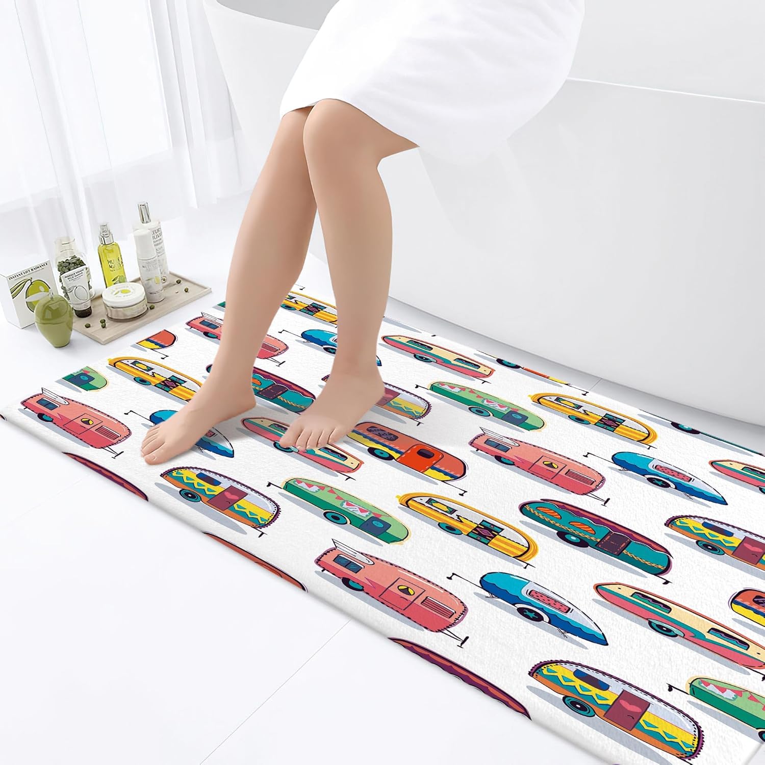 JAWO Happy Camper Bath Mat - Retro Non-Slip Doormat for RV