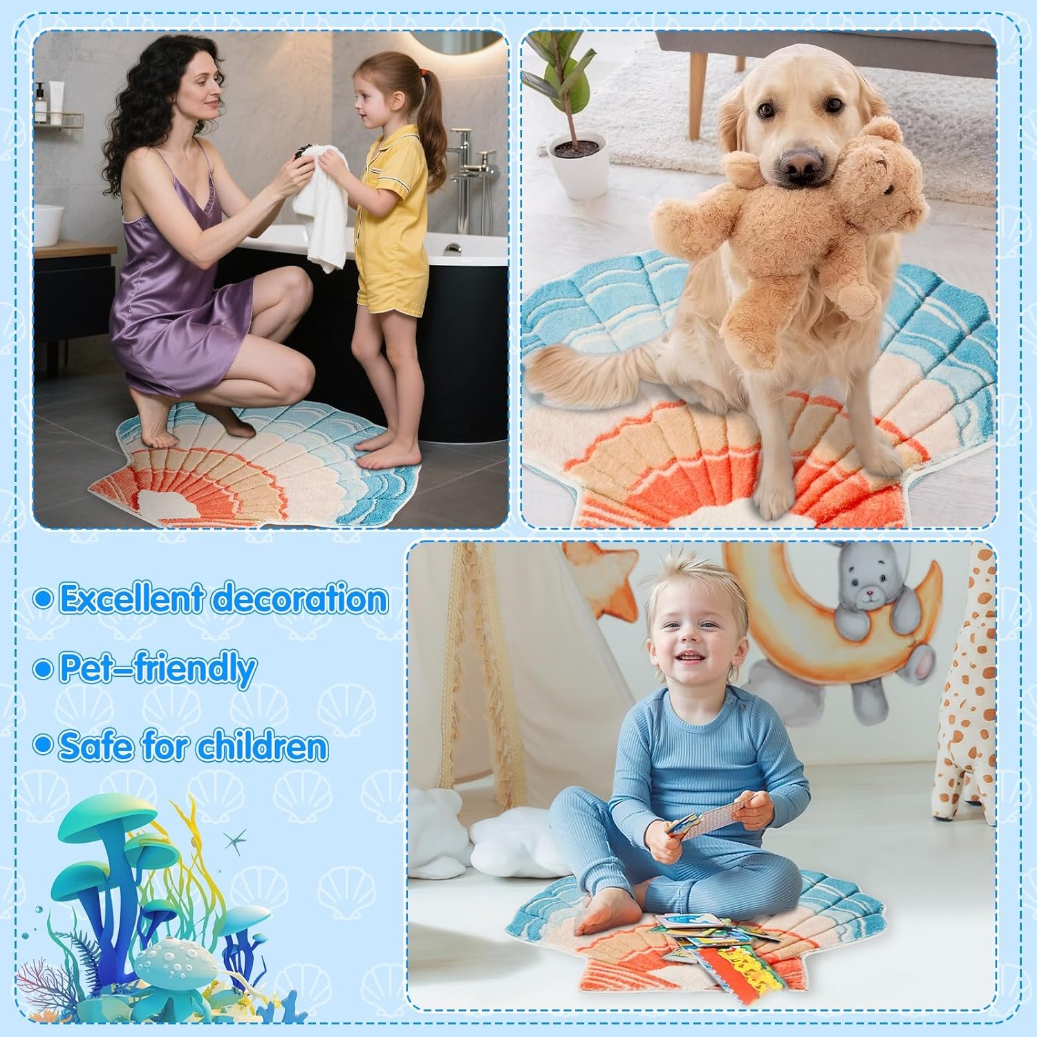 FEBSNOW Seashell Bath Rug with Non-Slip Backing 1