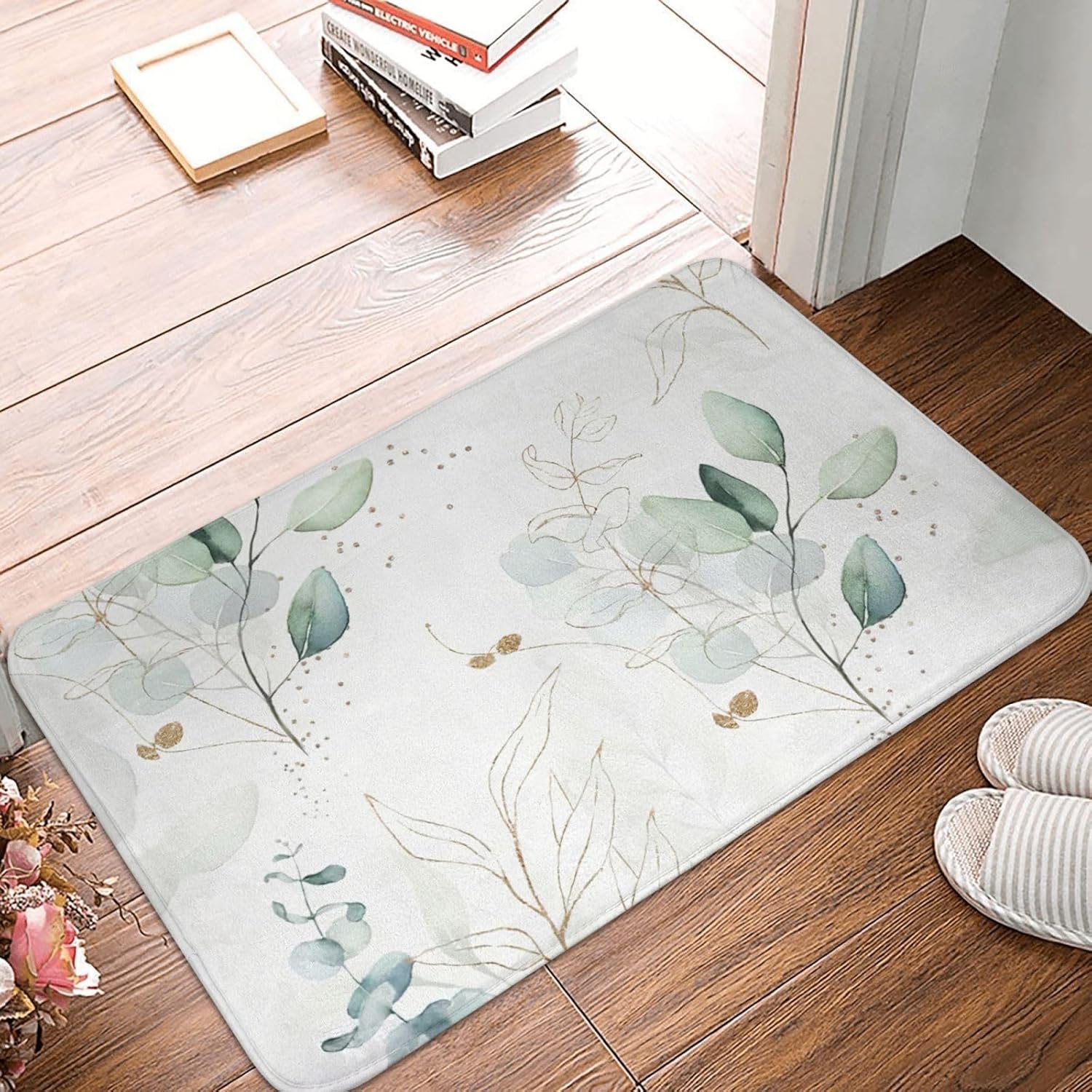 Boho Leaf Bath Mat 16x24in Non-Slip Absorbent Rug