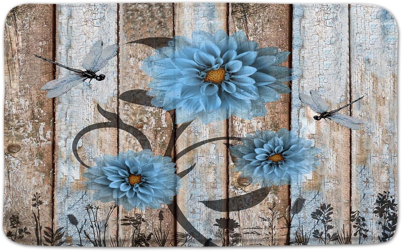 Rustic Blue Dahlia Bath Rug with Dragonfly Design 1