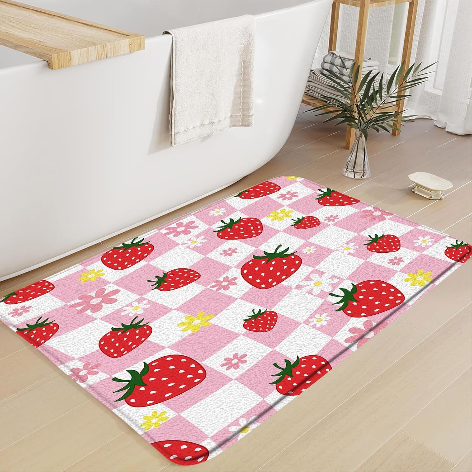 Strawberry Bath Mat with Cute Floral Design