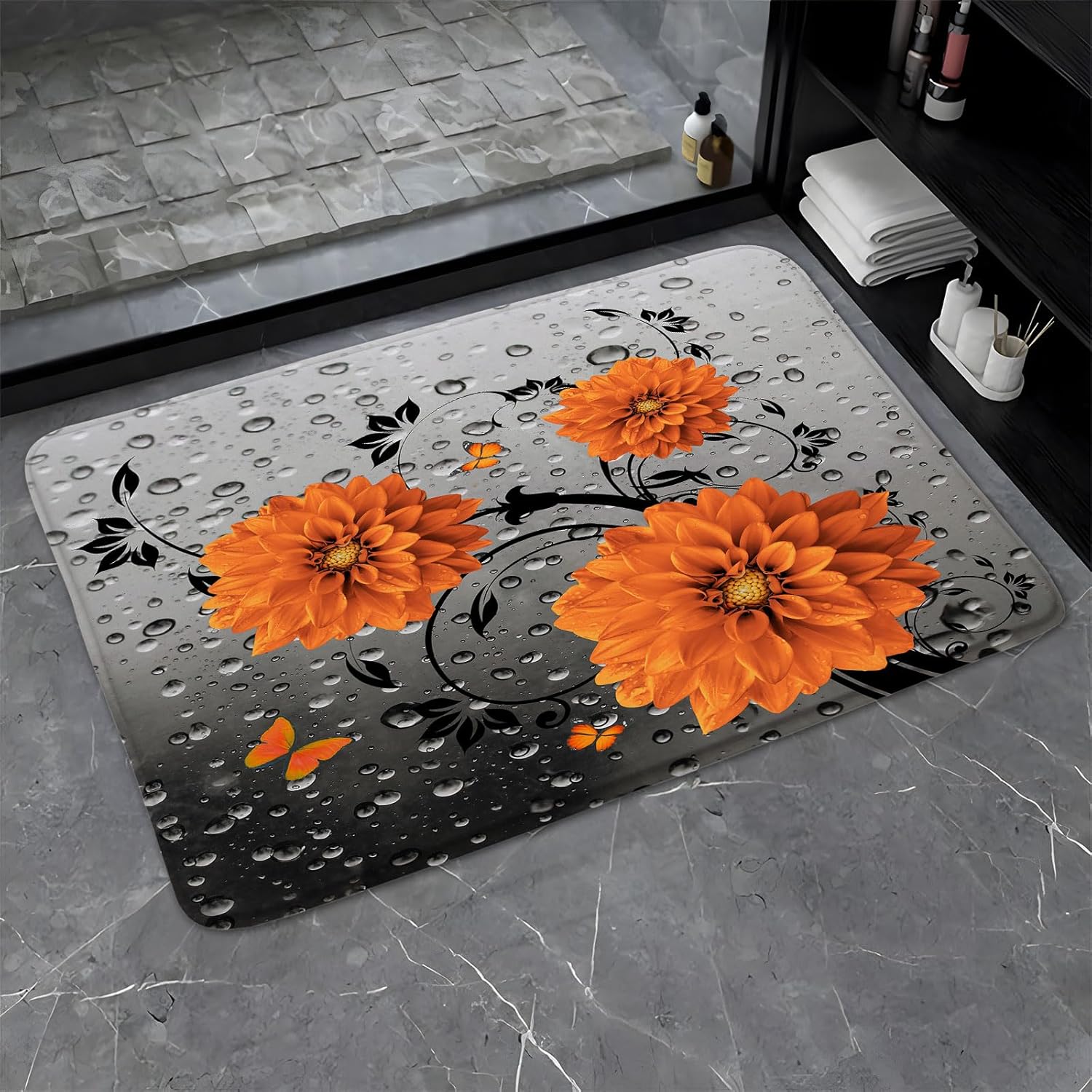 Orange Dahlia Floral Bath Mat with Butterfly Design