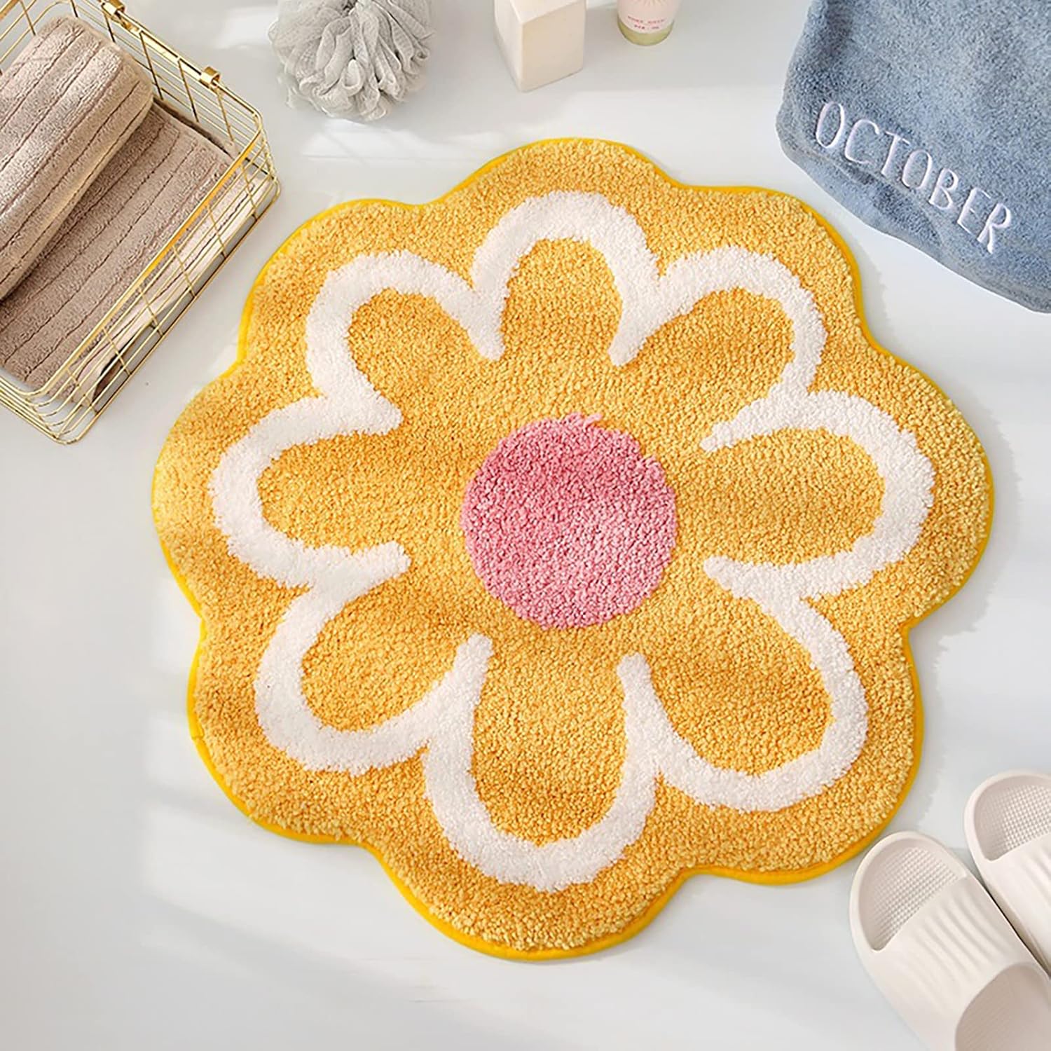 Daisy Flower Bath Mat Non-Slip Washable Bath Rug for Home