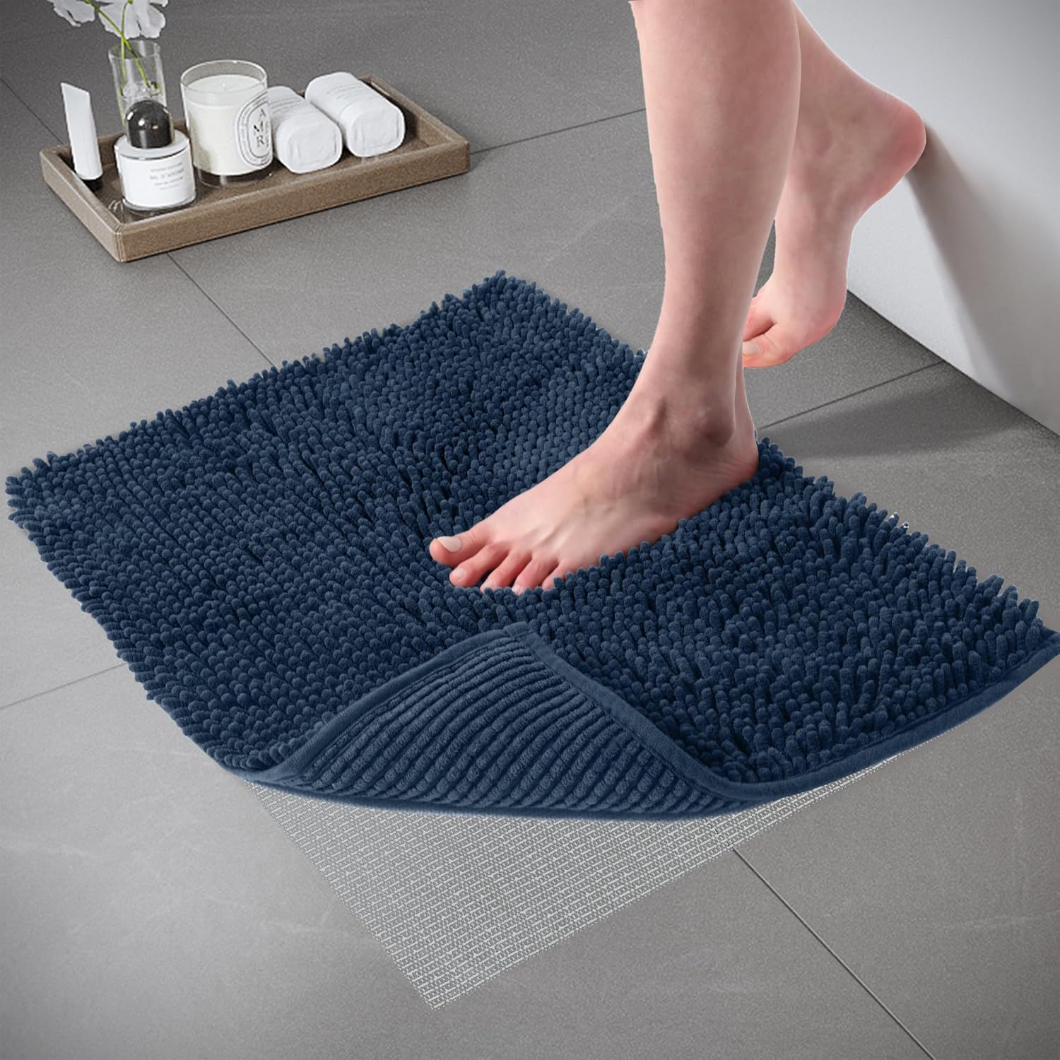 TECHMILLY Non-Slip Bath Rug with Soft Plush Chenille Pad