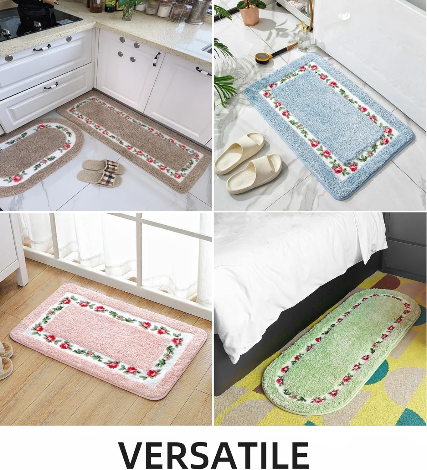QMEAKMONY Rose Flower Shaggy Bath Mat Green 16x24 in