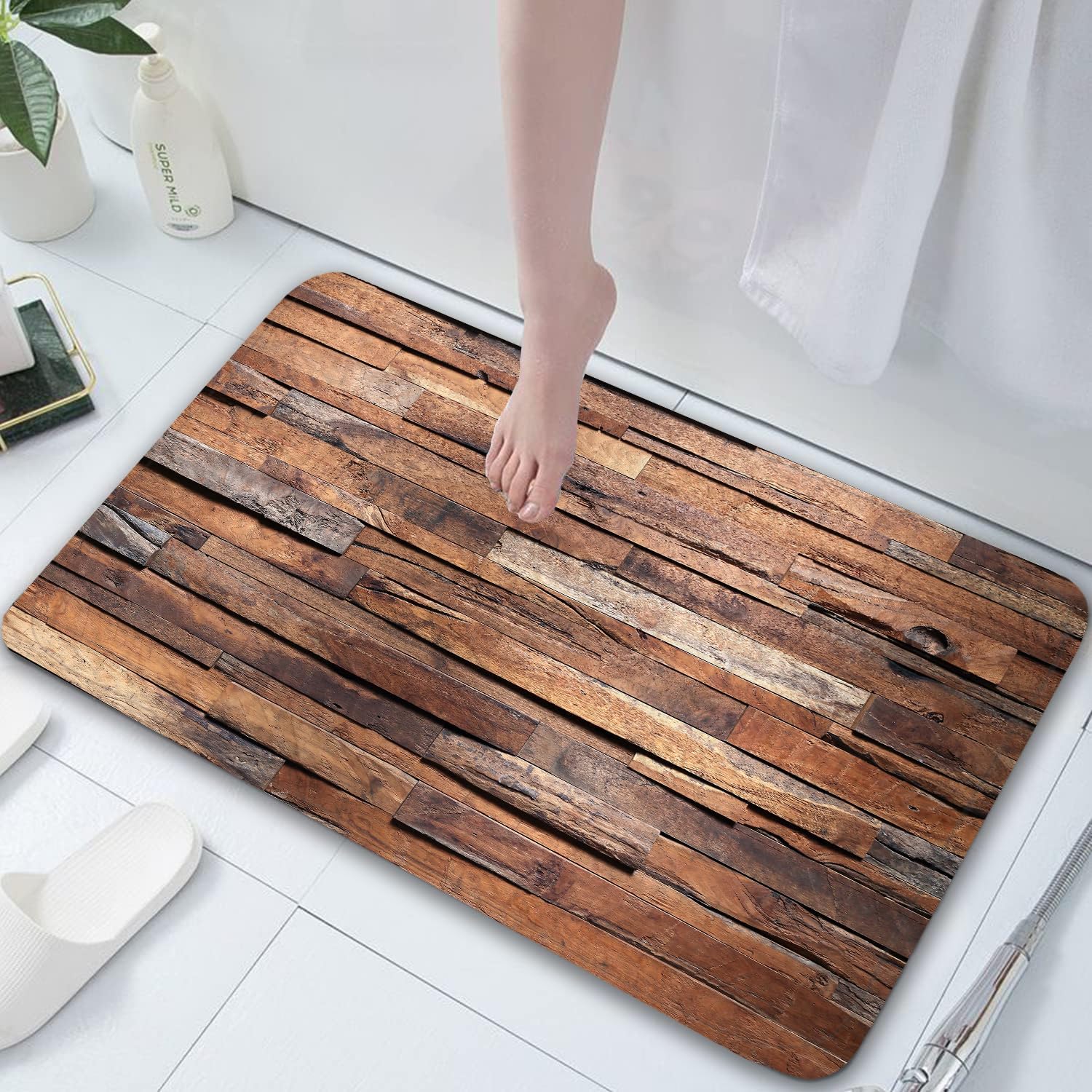 JAWO Coffee Brown Wooden Bath Rugs Non Slip