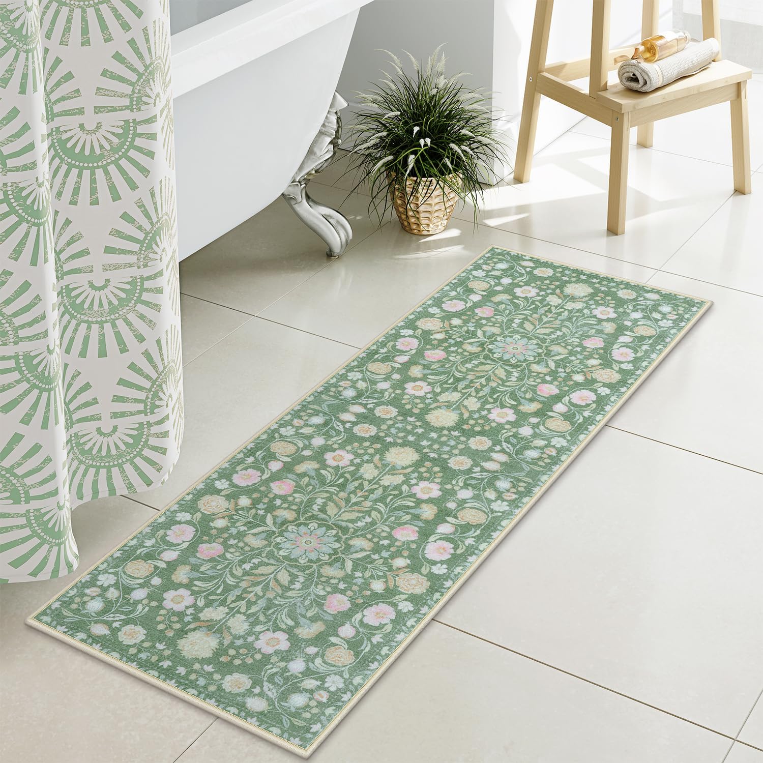 Uphome Green Boho Floral Bath Rug 18x47 inch 1