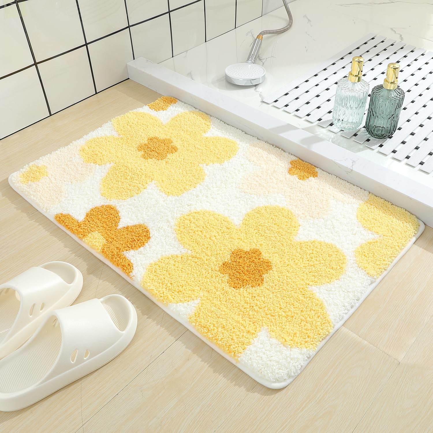 Molesun Floral Bath Mat - Non-Slip Microfiber 16x24 Yellow