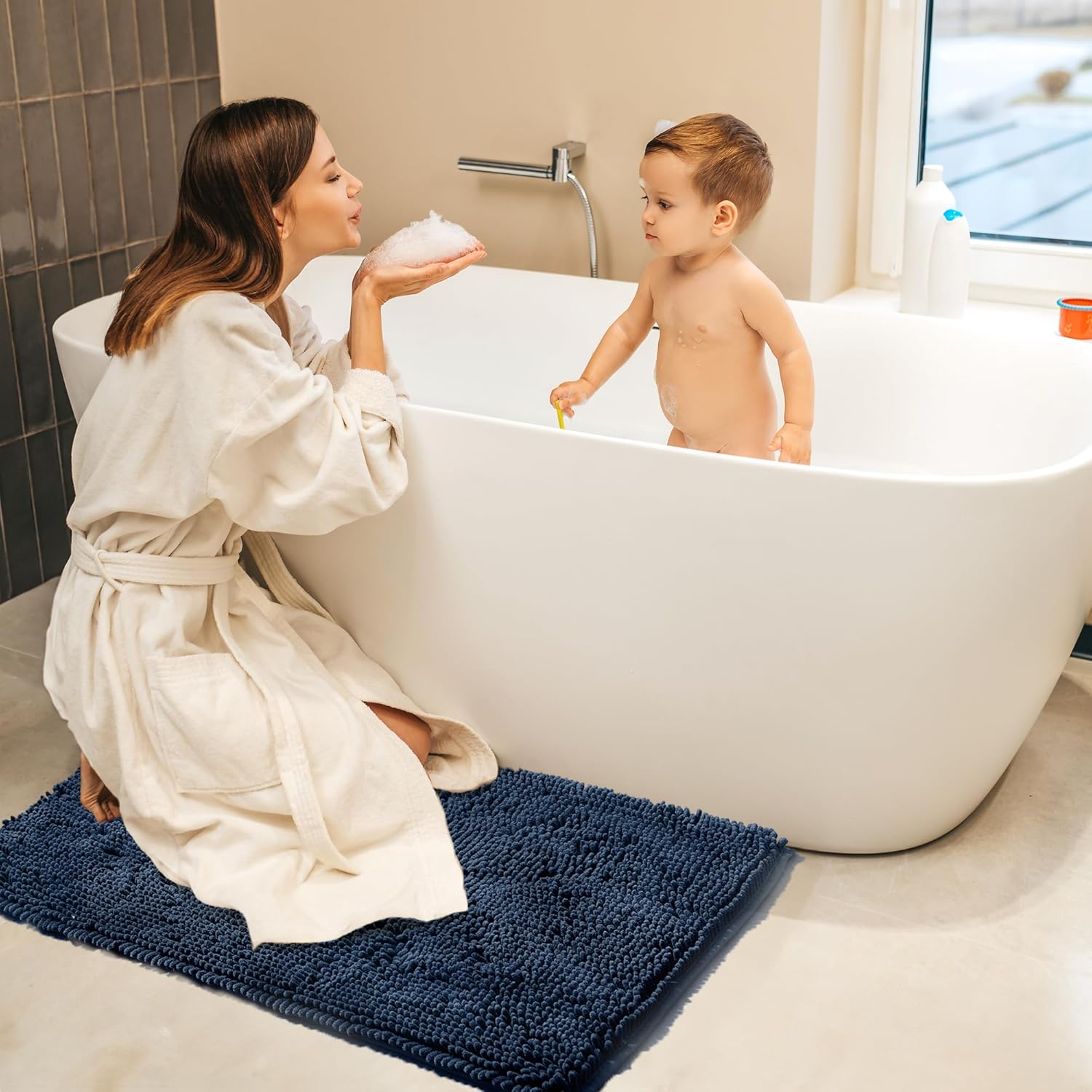 TECHMILLY Non-Slip Bath Rug with Soft Plush Chenille Pad