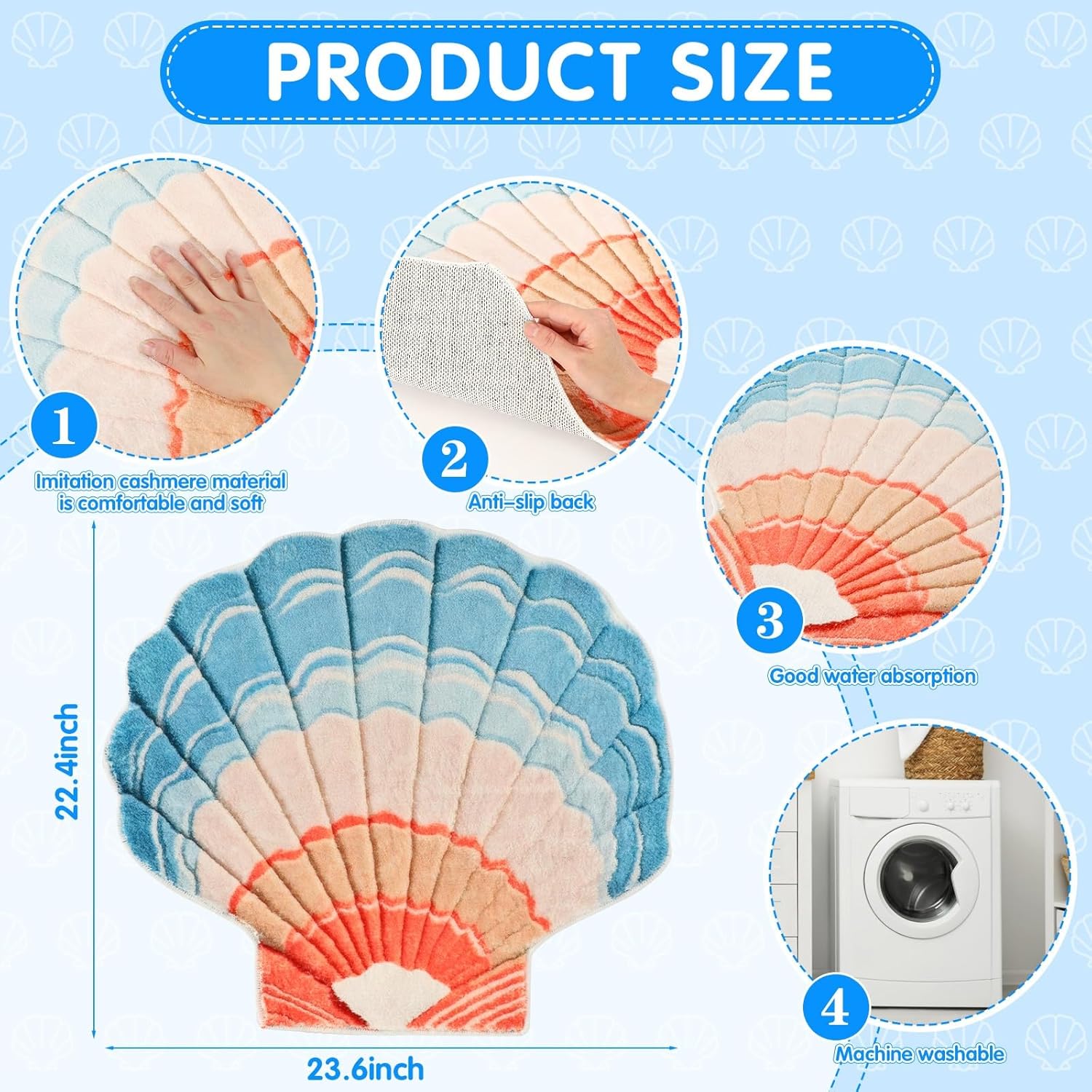 FEBSNOW Seashell Bath Rug with Non-Slip Backing 1