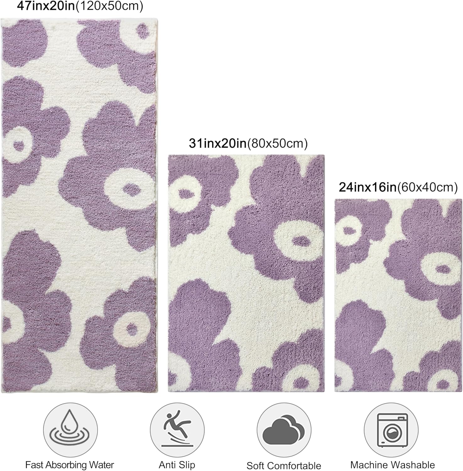 Wishtune Purple Flower Bath Rug 47x20 Non-Slip Microfiber Mat