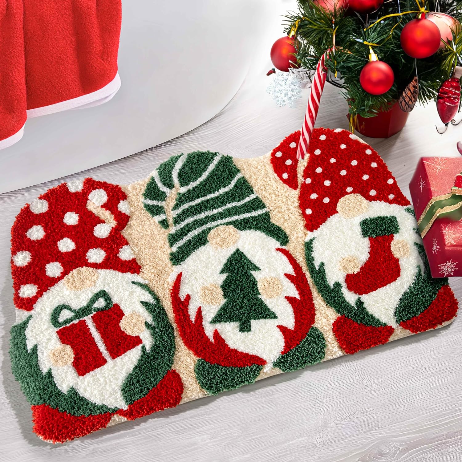 Christmas Bath Mat 20x32 Inches Non-Slip Water Absorbent Gnome Design