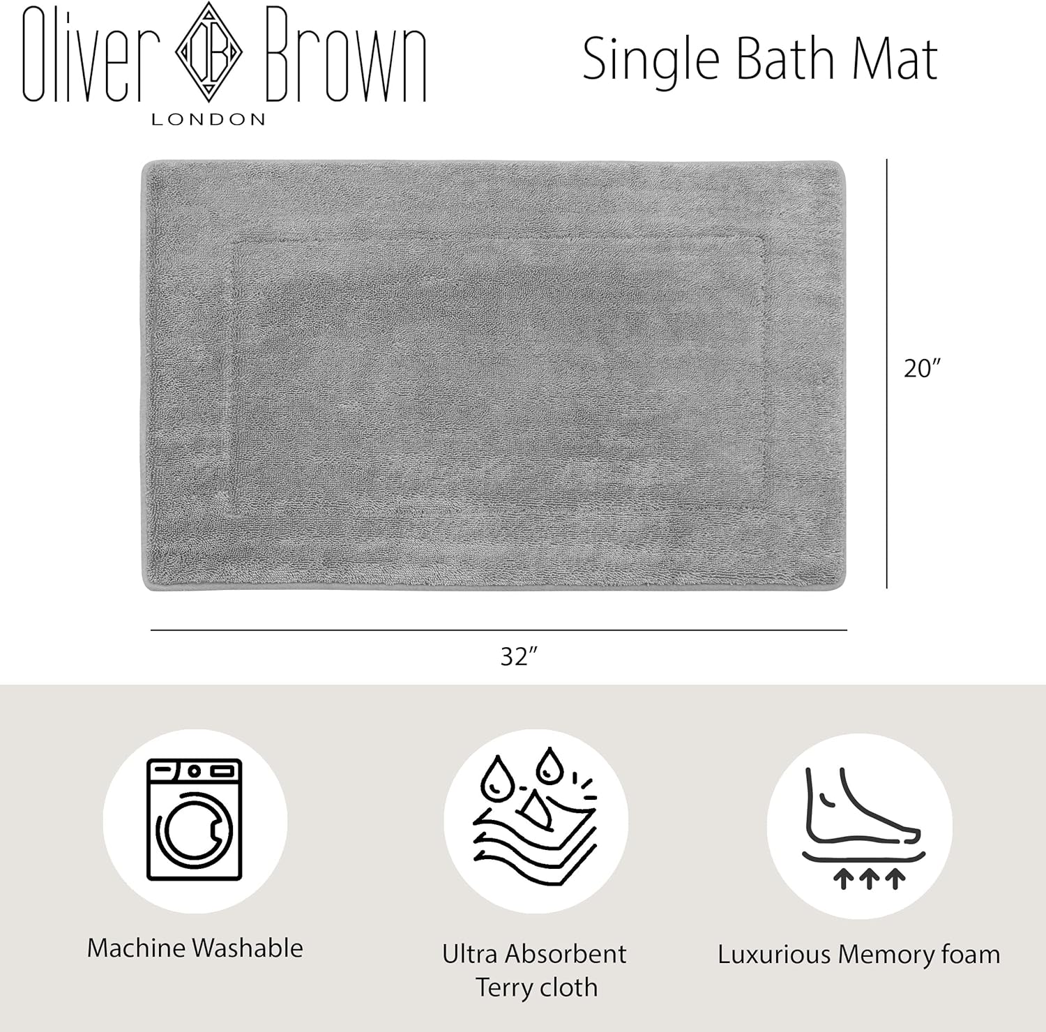 Oliver Brown Terry Bath Mat - 20x32 Non-Slip Machine Washable Light Gray