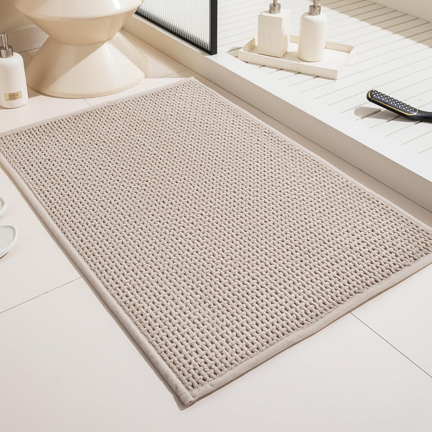 WARM HAVEN Beige Thin Bath Mat 16x24 Inch Non-Slip